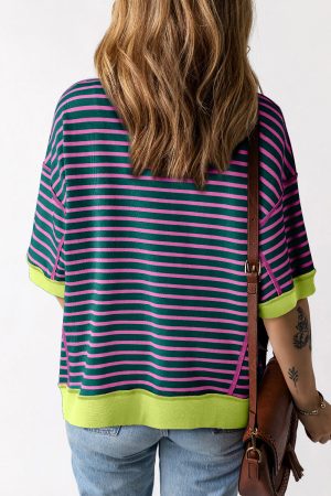 Green Stripe Colorblock Drop Sleeve Loose Top