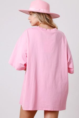 Pink Boots Card Graphic Oversized Round Neck T Shirt