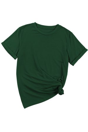 Green Solid Color Basic Crew Neck Plain Tee