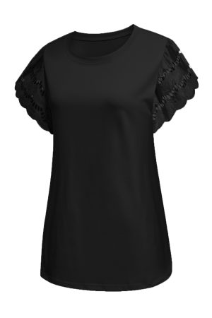 Cut Out Sleeve Casual Black T-shirt for Women