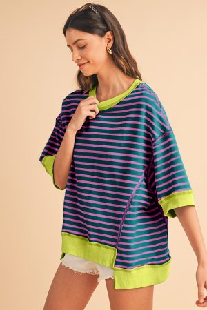 Green Stripe Colorblock Drop Sleeve Loose Top