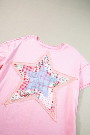 Pink Vibrant Star Patchwork Loose T-shirt