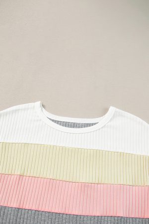 Gray Ribbed Color Block Patchwork Round Neck T Shirt