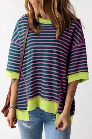 Green Stripe Colorblock Drop Sleeve Loose Top