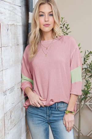 Light Pink Ribbed Colorblock Drop Sleeve Top