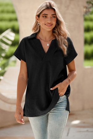 Black Textured V Neck Collared Slit Hem T Shirt