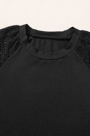 Black Pointelle Lace Sleeve Loose Round Neck Tee