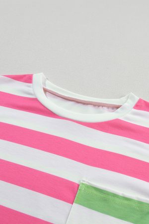 Pink Stripe Patch Pocket Drop Sleeve Slits T Shirt