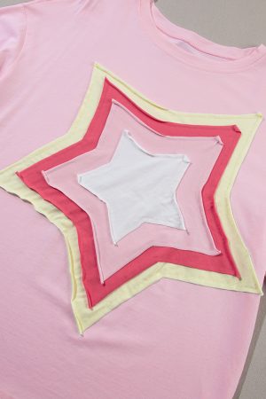 Light Pink Colorblock Star Patched Half Sleeve Oversized Tee