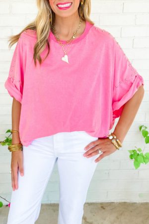 Bonbon Studded Batwing Sleeve Oversized Tee