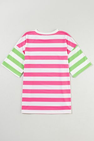 Pink Stripe Patch Pocket Drop Sleeve Slits T Shirt