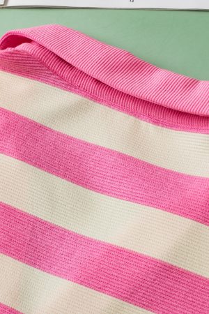 Pink Stripe Collared V Neck Cap Sleeve Top