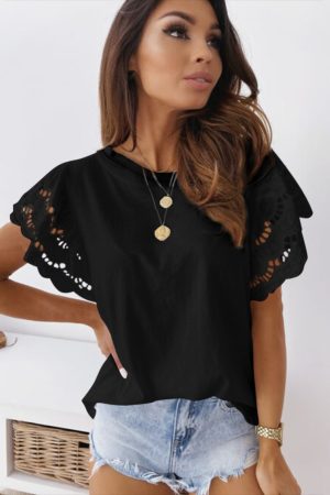 Cut Out Sleeve Casual Black T-shirt for Women