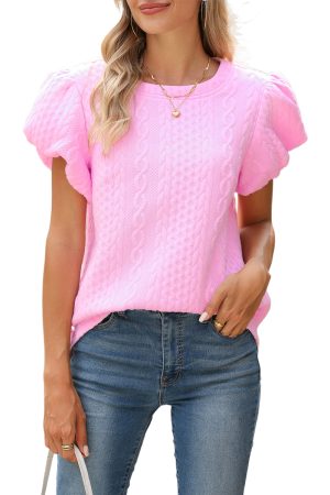 Pink Textured Puff Sleeve Round Neck T-Shirt