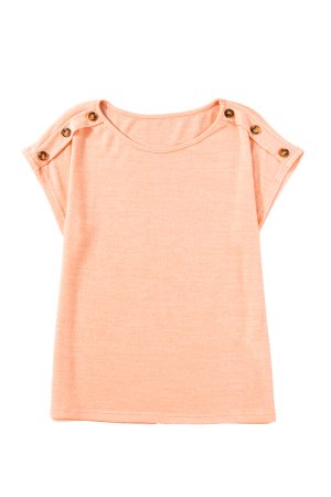 Apricot Pink Solid Color Button Decor Batwing Sleeve Tee