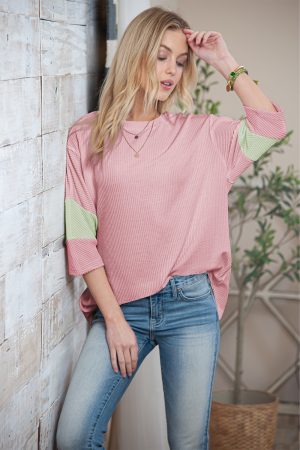 Light Pink Ribbed Colorblock Drop Sleeve Top