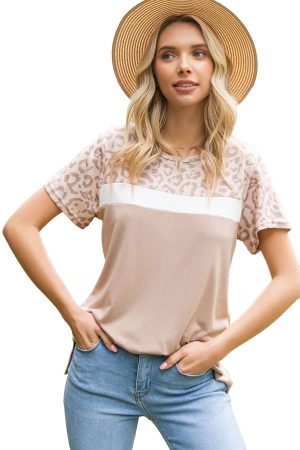 Khaki Leopard Casual Color Block T Shirt