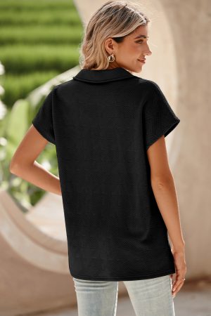 Black Textured V Neck Collared Slit Hem T Shirt