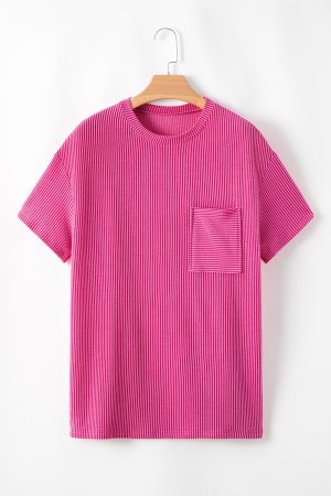 Pink Ribbed Knit Pocketed Loose Fit Crew Neck T Shirt