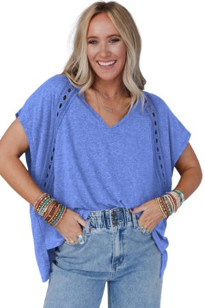 Sky Blue Solid Color Crochet Lace Detail Oversized Tee