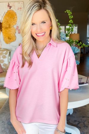 Pink Pearl Studded Puff Sleeve Collared Top