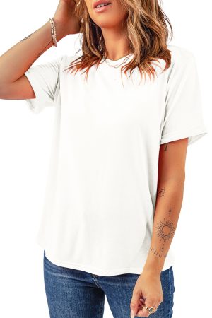 White Solid Color Basic Crew Neck Plain Tee