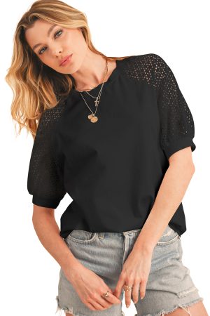 Black Pointelle Lace Sleeve Loose Round Neck Tee