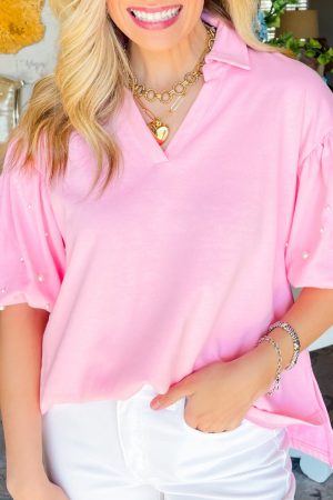 Pink Pearl Studded Puff Sleeve Collared Top