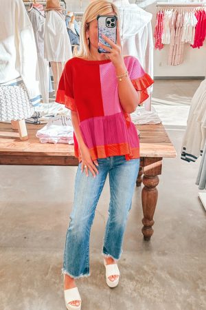 Tomato Red Mix Knitted Patchwork Ruffle Trim Loose T Shirt