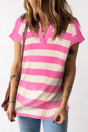 Pink Stripe Collared V Neck Cap Sleeve Top