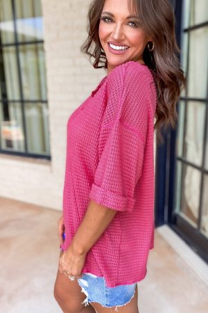 Strawberry Pink Textured Knit Split Neck Short Sleeve Top