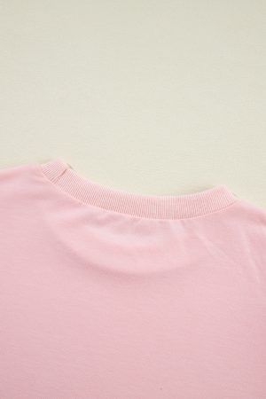 Light Pink Rhinestone Pearl Detail Puff Sleeve Plain Top