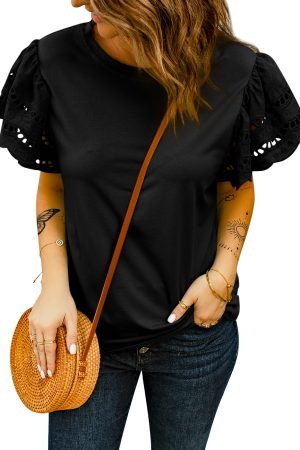 Cut Out Sleeve Casual Black T-shirt for Women