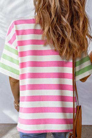 Pink Stripe Patch Pocket Drop Sleeve Slits T Shirt