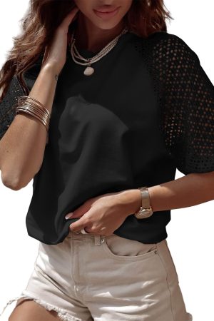 Black Pointelle Lace Sleeve Loose Round Neck Tee