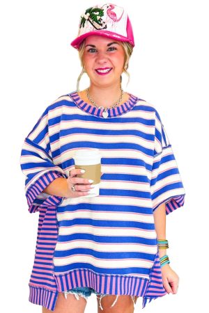 Blue Stripe Patchwork Exposed Seam Oversized Top