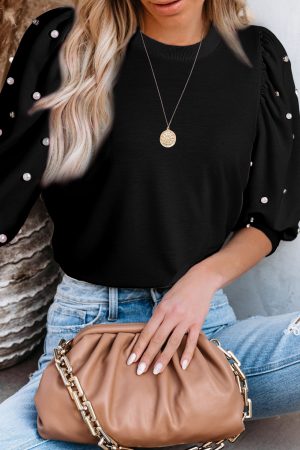 Black Rhinestone Pearl Puff Sleeve Plain T Shirt