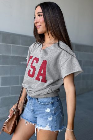 Light Grey USA Letter Patch Notched Neck Loose Tee