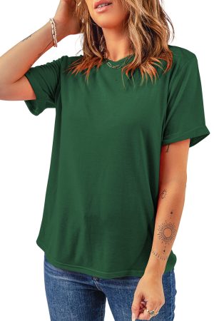 Green Solid Color Basic Crew Neck Plain Tee