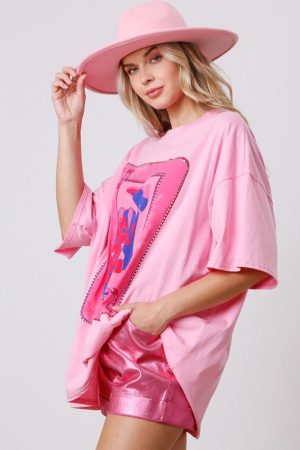 Pink Boots Card Graphic Oversized Round Neck T Shirt