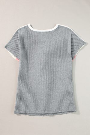 Gray Ribbed Color Block Patchwork Round Neck T Shirt