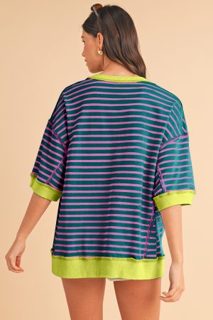 Green Stripe Colorblock Drop Sleeve Loose Top