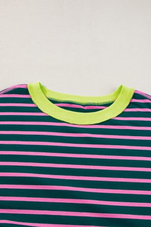 Green Stripe Colorblock Drop Sleeve Loose Top