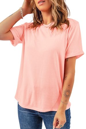 Pink Solid Color Basic Crew Neck Plain Tee