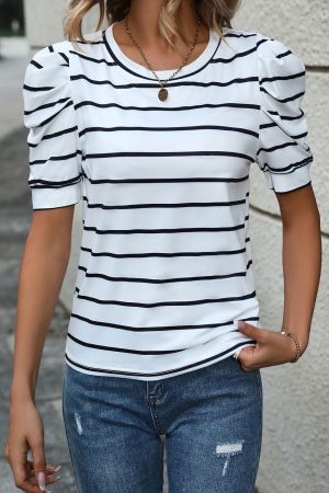 Black Striped Bubble Sleeve T Shirt