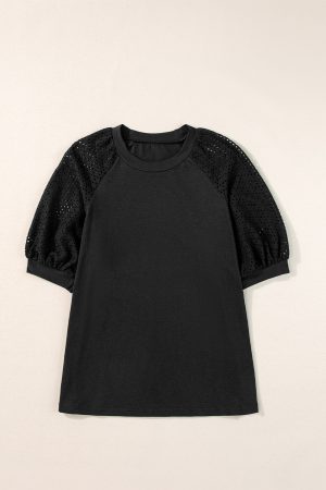 Black Pointelle Lace Sleeve Loose Round Neck Tee