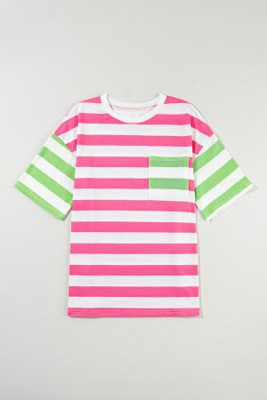 Pink Stripe Patch Pocket Drop Sleeve Slits T Shirt