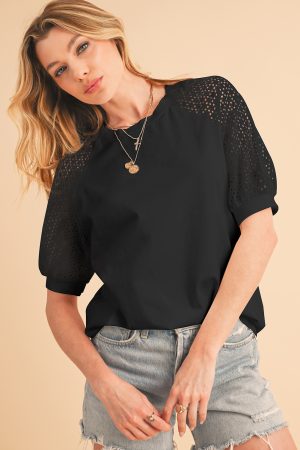 Black Pointelle Lace Sleeve Loose Round Neck Tee