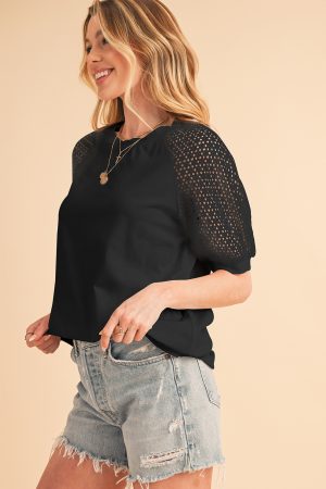 Black Pointelle Lace Sleeve Loose Round Neck Tee