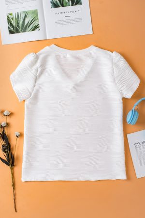 White Textured V-Neck Short Tulip Sleeve T Shirt